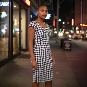 Stunning! eci New York Black & White Clear Sequins Houndstooth Print Dress Sz 6